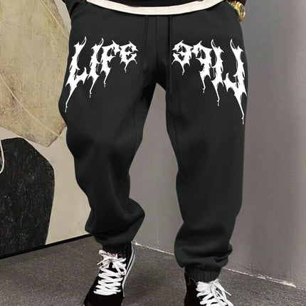 Men's Aesthetic Dark Gothic Letter Art Print Sweatpants Elastic Waist Joggers Cozy Goth Daily Street Fashion Bottoms