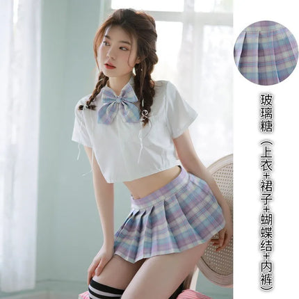 Sexy Pleated Skirt Lingerie Set Women's Passionate JK Uniform Cute Student Short Skirt Roleplay Costume Polyester Fabric