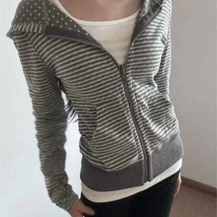 American Streetwear Women Striped Hooded Cardigan Autumn Slim Fit Cropped Zip Up Sweatshirt Casual Long Sleeve Outerwear Coat