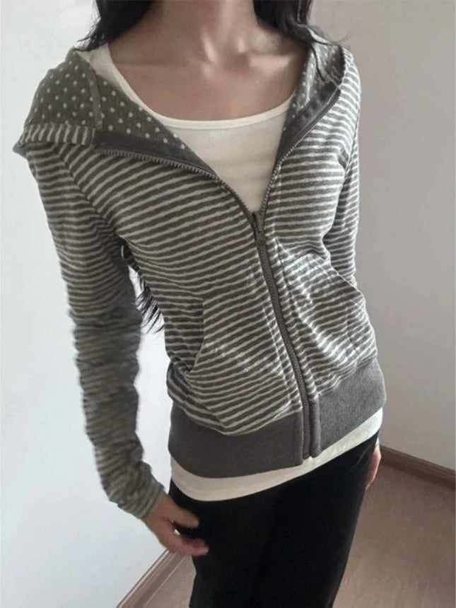 American Streetwear Women Striped Hooded Cardigan Autumn Slim Fit Cropped Zip Up Sweatshirt Casual Long Sleeve Outerwear Coat