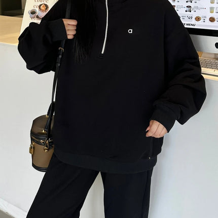 Autumn New Loose Stand Up Collar Pullover Casual Fashion Long-sleeved Gray Zip Sweatshirt Black Sports Fitness Hoodies Women