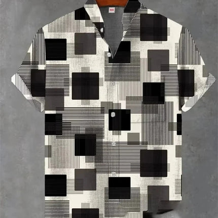 New men's short sleeved linen shirt with geometric pattern 3D printing, Hawaii casual vacation fashion lapel button top