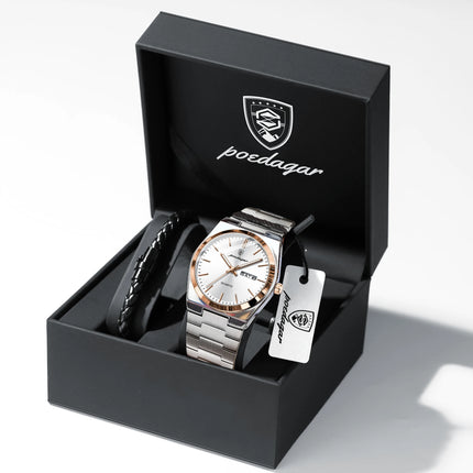 POEDAGAR Fashion Casual Men's Wristwatch Waterproof Luminous Date Week Men's Watches Stainless Steel Quartz Business Men Watch+Box