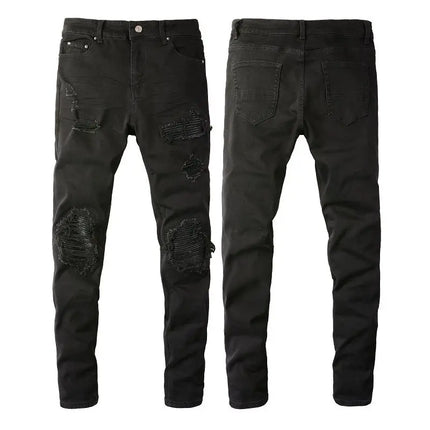 High Street 2025 Korean Luxury Clothing Brand Black Jeans Men's Scratched Patch Beggar Cowboy Elastic Slim Small Foot Pants