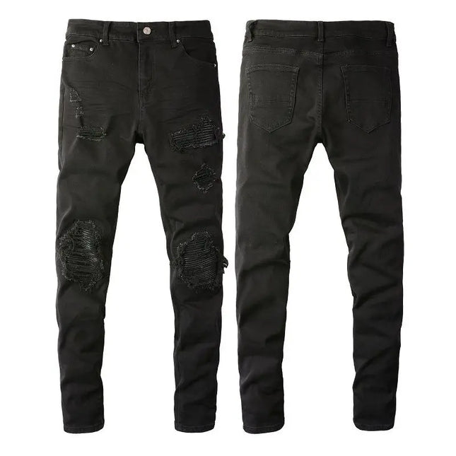 High Street 2025 Korean Luxury Clothing Brand Black Jeans Men's Scratched Patch Beggar Cowboy Elastic Slim Small Foot Pants