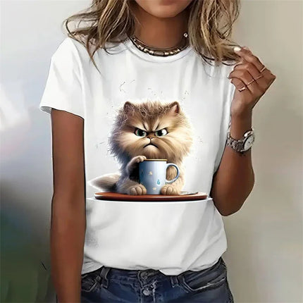 2025 New Cat Black Pattern T-Shirt for Women Funny Animal 3D Print T Shirts Summer Tees Short Sleeves Crew Neck Tops Streetwear