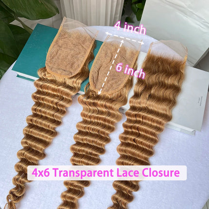 #27 Color Deep Wave 4x6 Inch Transparent Lace Closure 100% Human Hair Melt Skin Bleached Knots Invisible Lace Raw Hair For Women