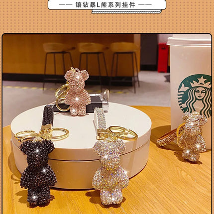 Cute Rhinestones Tassel Bear Keychain Couple Keychain Girl Decoration Small Pendant Car Key Ring Student Bag Pendant
