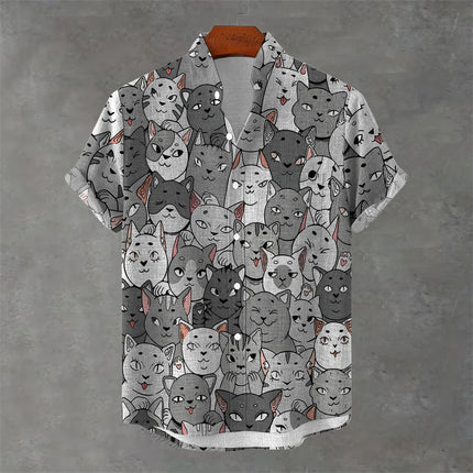 Men's New Short-Sleeved Shirt, Cartoon Cat Print, Hawaiian Style Casual Vacation Lapel Top, Wrinkle-Resistant and Non-Iron.
