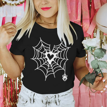 Couple Vintage Spider Heart Print T-Shirts Women Men Fun Round Neck Fashion Lover Short Sleeve Streetwear T-shirts