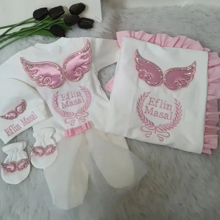 Dollbling Hospital Exit 5pcs Embroidery Name Newborn Angle Wings Romper Blanket  Nursery Bedding Swaddle Handmade Infant Outfit