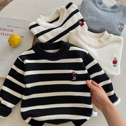 2025 Winter Girls Boys Casual Cute Embroidery Bear Thick Warm Fleece Knitting Sweaters Four Colors