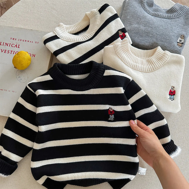 2025 Winter Girls Boys Casual Cute Embroidery Bear Thick Warm Fleece Knitting Sweaters Four Colors