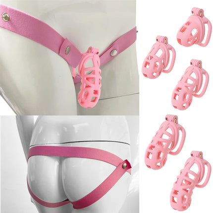 Black or Pink Male Penis Cage Chastity Cage Lock Device w/4 Rings Virginity Device 5 Sizes