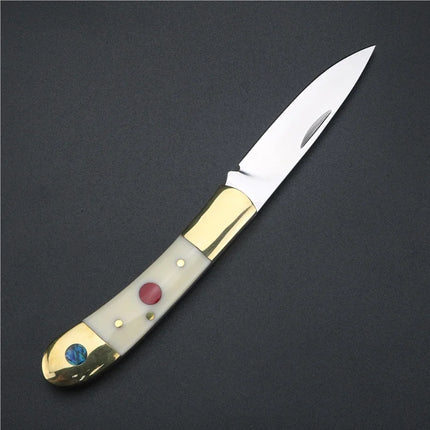 Brass beef bone handle folding knife, 9cr18 stainless steel fruit knife. Exquisite pocket knife, perfect gift