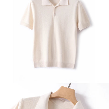 2025 Spring/Summer New Men's Short Sleeved 100% Cotton T-Shirt Sweater POLO Collar Loose Knit Pullover Business Casual Tops