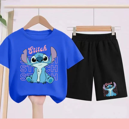 Kids Disney Stitch Print Summer Cute Breathable Tees + Shorts 2pcs 3-12 Years Boy Girls Round-neck Set Children Leisure Clothing