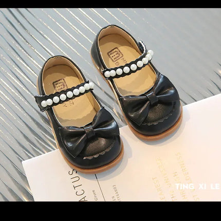 Toddlers Girls Leather Shoes Little Kids Casual Flats Princess Sweet with Pearls Beading Bow-knot 2024 Dress Party Shoes Soft