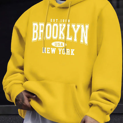 Men's autumn and winter casual fashion loose Brooklyn New York letter printed long sleeved hooded sweatshirt warm pullover