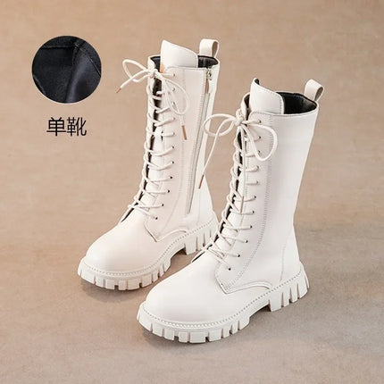 Girls' Boots Autumn Winter British Style Lace Up Long Boots Solid Color Princess Leather Boots Plus Velvet Kids Knight Boot