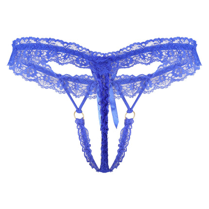 Mens Sexy Frilly Lace Open Penis Pouch Thongs Bow Elastic Waistband G-string Crotchless T-back Lingerie Sissy Underwear