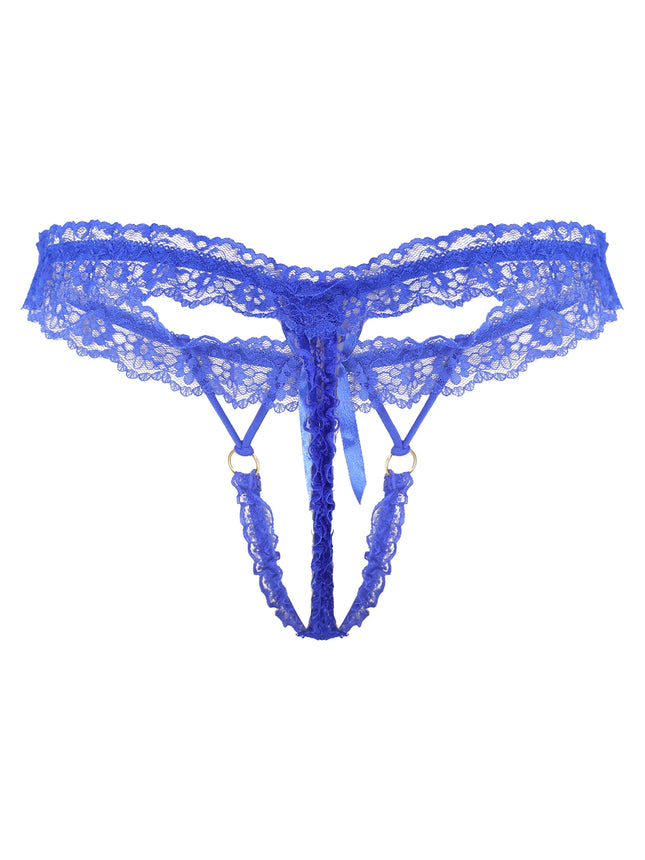 Men's Sexy Frilly Lace Open Penis Pouch Thongs Bow Elastic Waistband G-string Crotchless T-back Lingerie Sissy Underwear