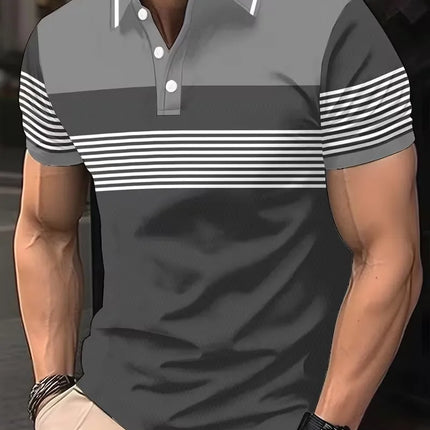Rainbow Men's Summer Short Sleeve Polo Shirts Classic Striped Print Sporty Tops Fashionable Lapel Button-Up Men's Polo Shirts