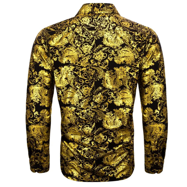 Luxury Silk Shirts for Men Long Sleeve Gold Black Floral Embroidered Regular Slim Fit Male Tops Regular Lapel Bloues Barry Wang