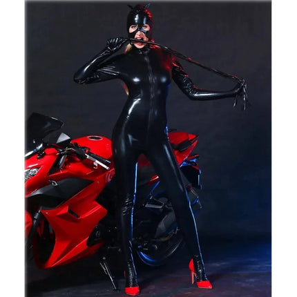 Sexy Latex Catsuit with Mask Faux Leather Cat Girl Jumpsuit PVC Bodysuit Nightclub One-piece Bodystocking Fetish Erotic Costumes
