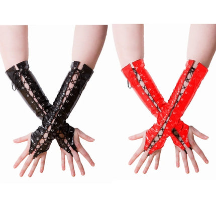 Sexy Long PVC Women Black Red Gloves Ladies Fetish Faux Leather Black Bandage Gloves Clubwear Sexy Cosplay Costumes Night Club