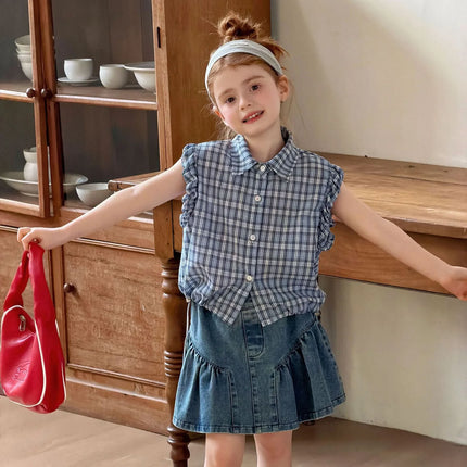 2-7Y Summer Casual Children Sleeveless Blouse Blue White Plaid Girls Ruffle Style Shirt Lightweight Breathable Kids Clothes