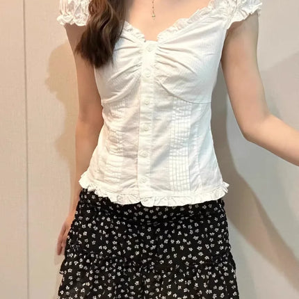 Brandy Girl Spicy Girl Pleated Bubble Sleeve T-shirt Pure Desire Slim Fit Women's Tianna Top Cotton Short Sleeve V-neck