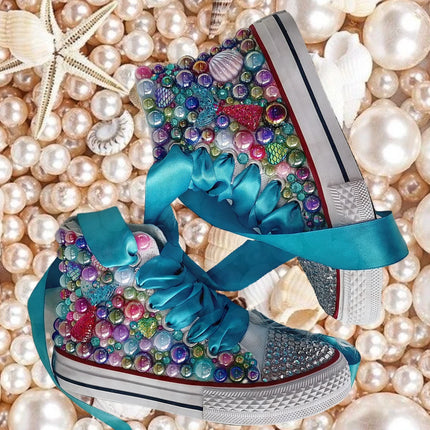 Handmade Rhinestones Bling Girls Women Kids And Mother Candy Canvas Shoes Pearls Sneakers For Girl Birthday Party Wedding