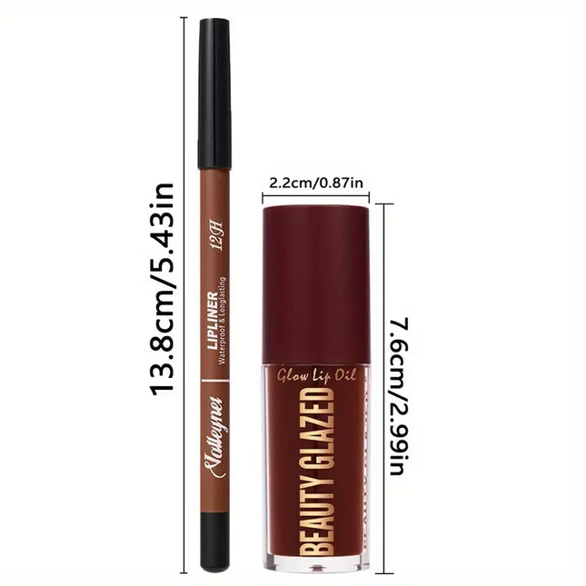 2pcs/SET Makeup Set: Matte Lip Liner + Moisturizing Colored Lip Oil,Long-Lasting and Easy to Color, Waterproof,ini Makeup Combo
