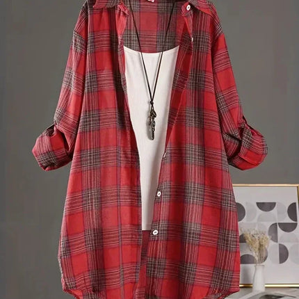 Plus Size Korean Style Plaid Blouses Medium Long Casual Style Shirt Loose Women All Match Long Sleeved Shirts Sunscreen Blouses