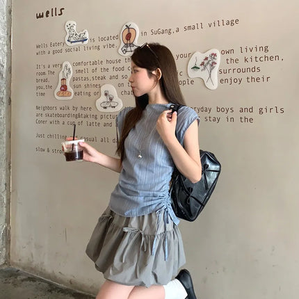 Blue Striped Drawstring Tie Women's Shirt Summer New Style French Stripe Design Modified Version Round Neck Sleeveless Dress