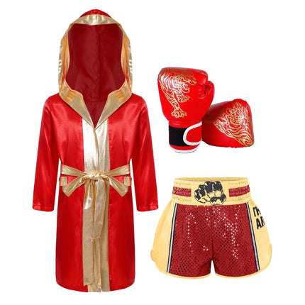 Boys Girls Halloween Carnival Boxer Cosplay Costume Boxing Robe Outfit Long Sleeve Satin Pugilism Hooded Cloak with Belt Shorts