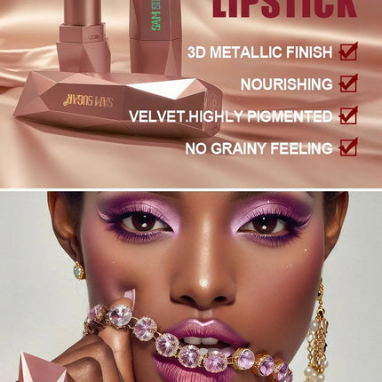 Pearlescent Pink Glitter Velvet Lipstick Metallic Diamond Lipsticks Waterproof Lasting Shimmer Lips Gloss Women Makeup Cosmetic