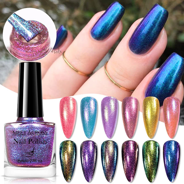2pcs 8ml Chameleon Nail Polish Set Gorgeous Glitter Galaxy Chrome Holographic Nail Polish No-Bake Quick Dry Long-Lasting Nails