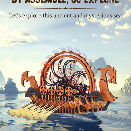 ROKR Wooden 3D Puzzle Viking Dragon Ship Mechanical Model Building Kit for Home Decor 229-Piece Puzzle Toy with LED Light for Bookshelf Decor Gift for Adults Kids