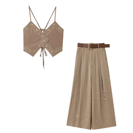 HH Women's Summer Sexy Sling Tops Light Brown V-Neck Sleeveless Embroidery Lace-Up Decoration Fashion Short Tops