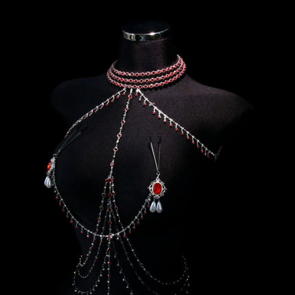Red Tassel Gem Nipple Clamps Erotic Collar Body Chain Chest Restraint BDSM Women's Sexy Body Accessories Fetish Adult Sex Toys