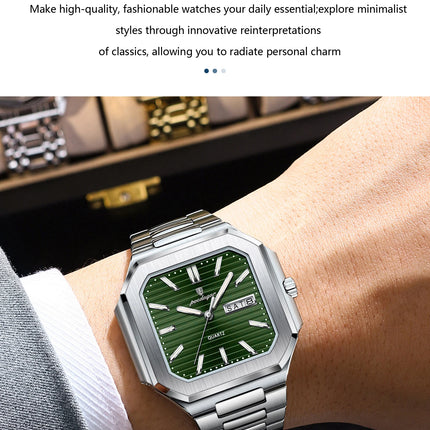 POEDAGAR Luxury Square Male Watch Waterproof Luminous Date Week Quartz Watches For Men Stainless Steel Fashion Men's Clock Reloj