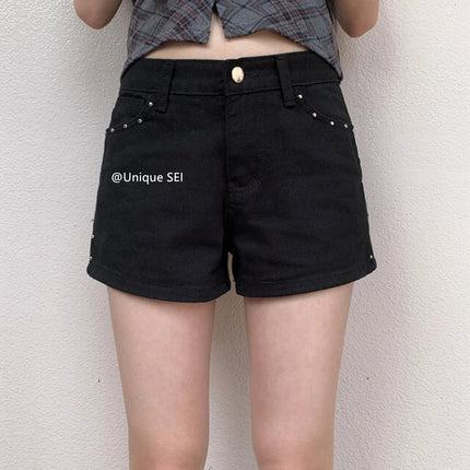 Unique SEI Korean Style Summer Irregular Lace Trim Splice Slimming Strap Top Rivet Denim Shorts Women's Commute Straight Leg Fit