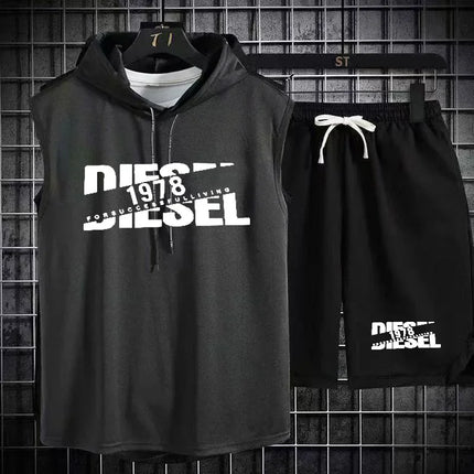 Summer breathable letter printed sleeveless hooded sports suit men's quick drying vest shorts two-piece set