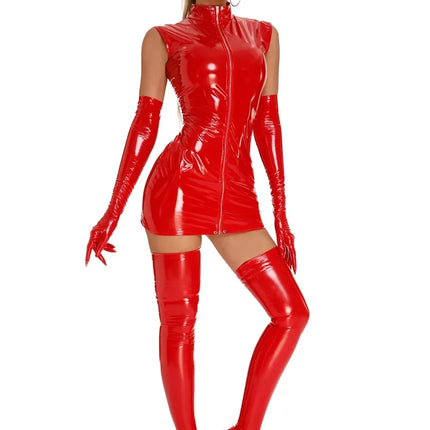 PU Leather Dress With Glove Stockings Punk Gothic Sexy Bodycon Mini Lingerie Dress Latex Catsuit Women Club Party Outfits