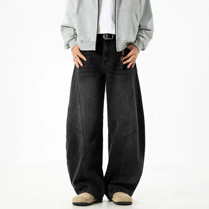 Autumn Retro Structured Split Washed Distressed Curved Jeans with Men's Silhouette Loose Straight Leg Pants Trendy Street Style
