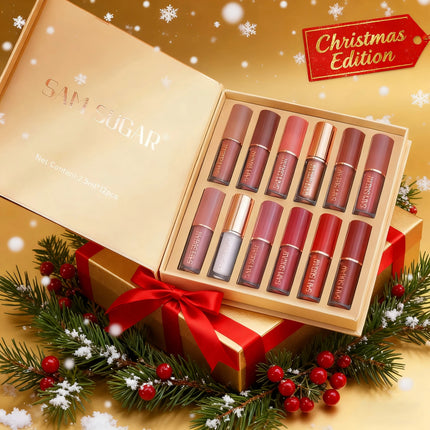 SAM SUGAR 12-Color Lip Gloss Lipstick Set Liquid Matte Velvet Women's Makeup Long-Lasting Waterproof Christmas gift
