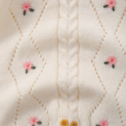 Baby's Sweet and Cute Floral Embroidered Long-Sleeved Warm and Comfortable Knitted One-Piece Crawling Suit
