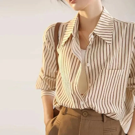Women's Striped Shirt Casual Long Sleeve Fashion Outerwear Korean Style Spring Autumn New Arrival Elegant French Feel Top